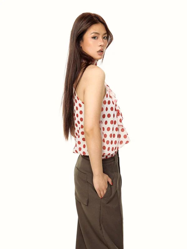 Polka Dot Ruffle Halter Tank Top - Image 3
