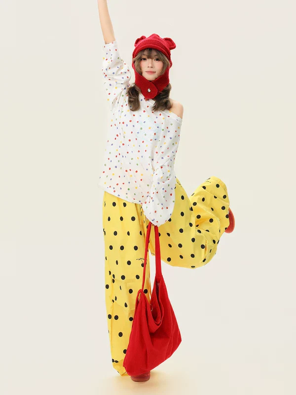 Polka Dot Wide-Leg Casual Pants - Image 10
