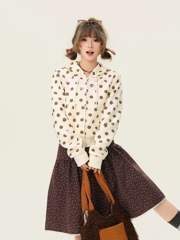 Polka Dot Zip Up Hooded Sweatshirt - Image 3
