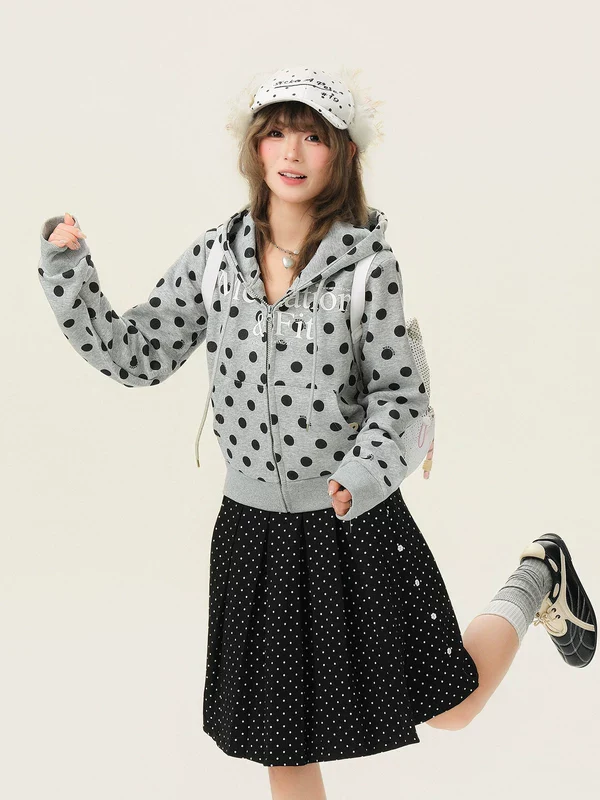 Polka Dot Zip Up Hooded Sweatshirt - Image 4