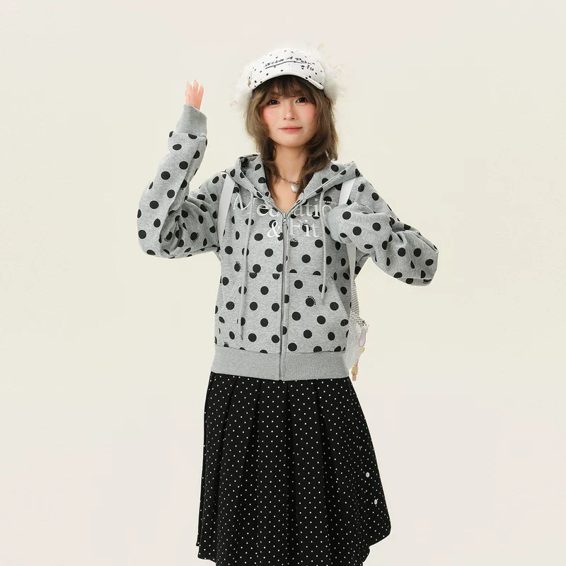 Polka Dot Zip Up Hooded Sweatshirt - Image 6