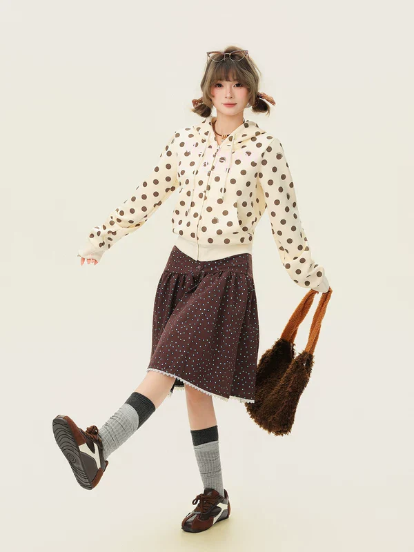 Polka Dot Zip Up Hooded Sweatshirt - Image 7