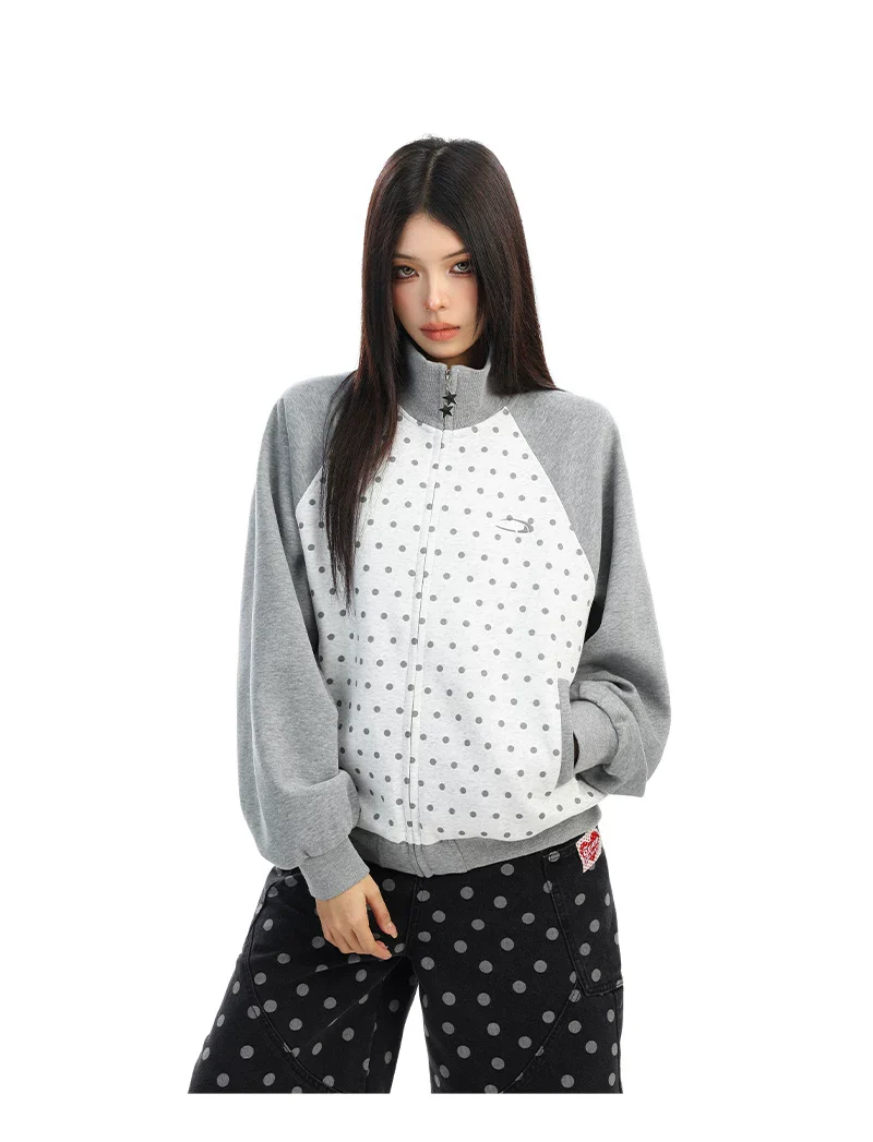 Polka Dot Zip-Up Stand Collar Jacket - Image 3