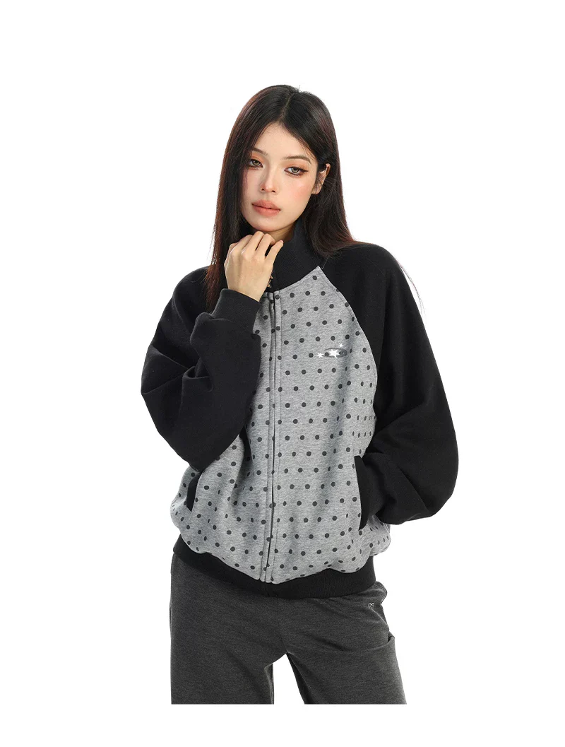 Polka Dot Zip-Up Stand Collar Jacket - Image 5