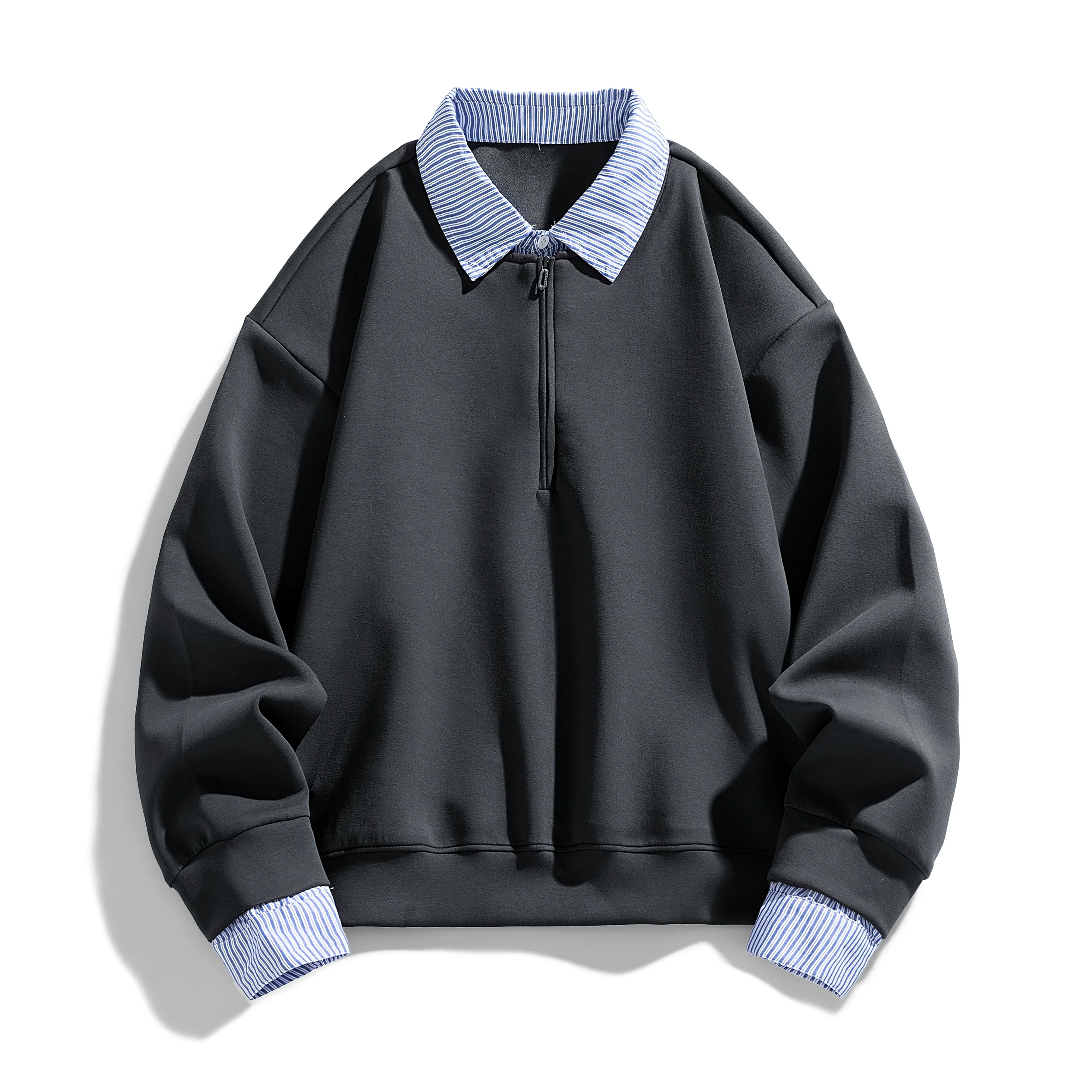 Polo Collar Striped Stitching Sweatshirt - Image 5