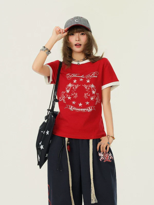 Pony Graphic Round Neck Short Sleeve T-shirt - Image 4