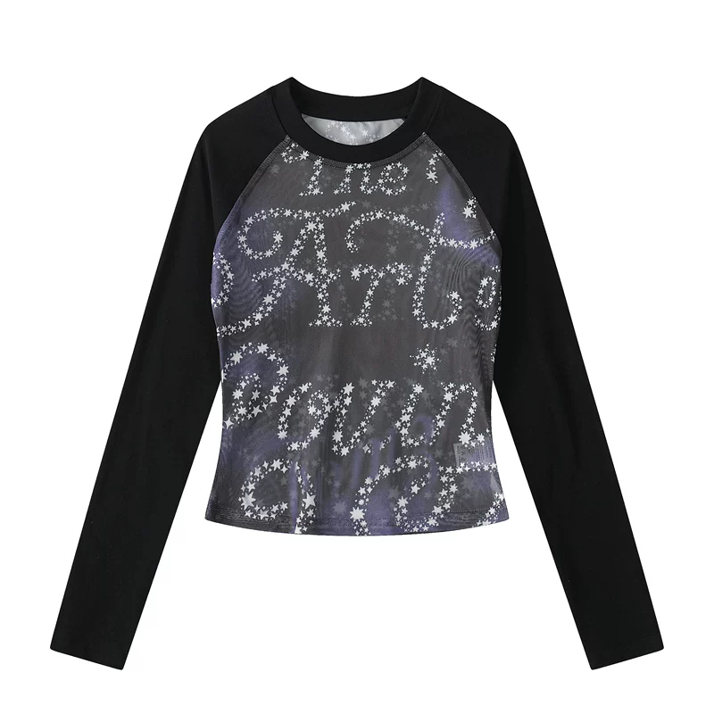 Printed Sheer Mesh Patchwork Long-Sleeve Top - Image 8