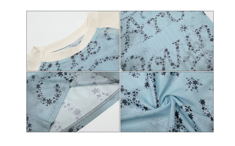 Printed Sheer Mesh Patchwork Long-Sleeve Top - Image 9