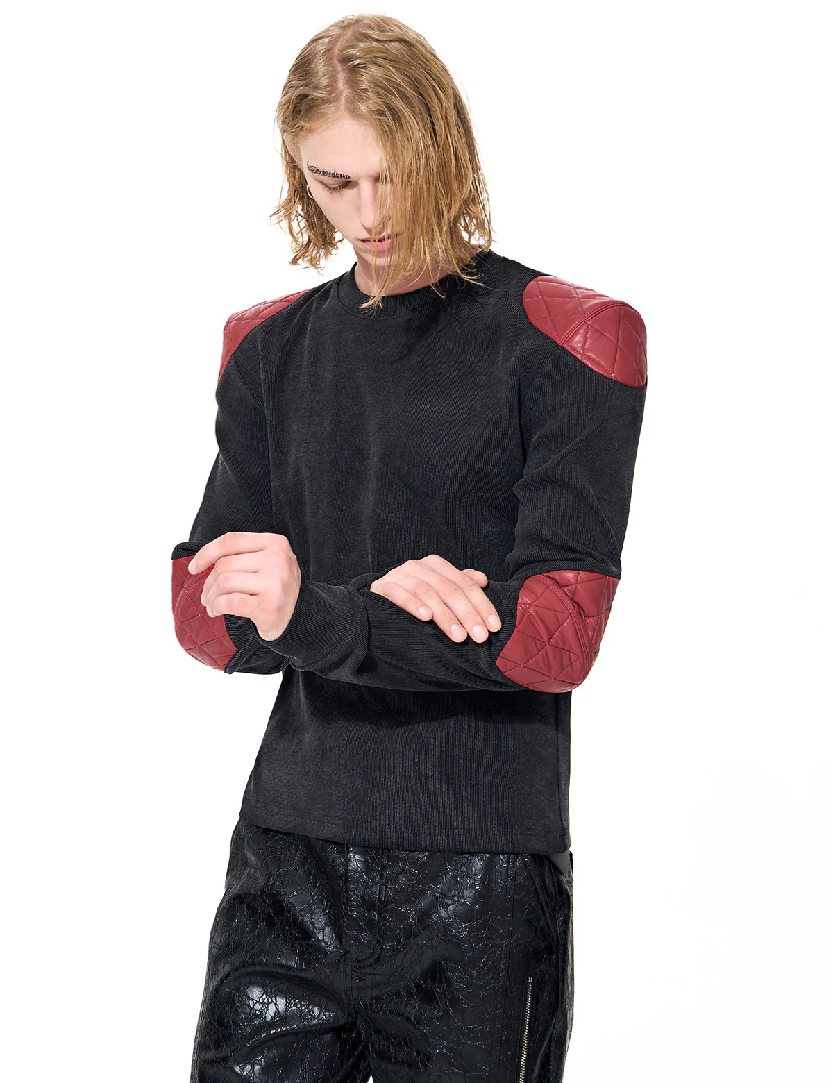 Leather Patchwork Long Sleeve Pullover