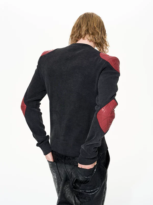Leather Patchwork Long Sleeve Pullover - Image 2