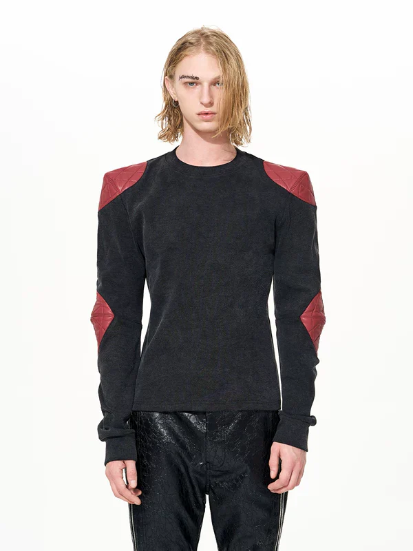 Leather Patchwork Long Sleeve Pullover - Image 3