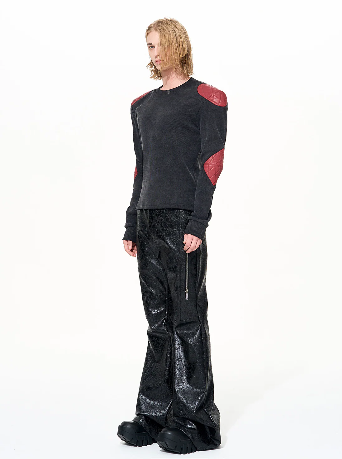 Leather Patchwork Long Sleeve Pullover - Image 6