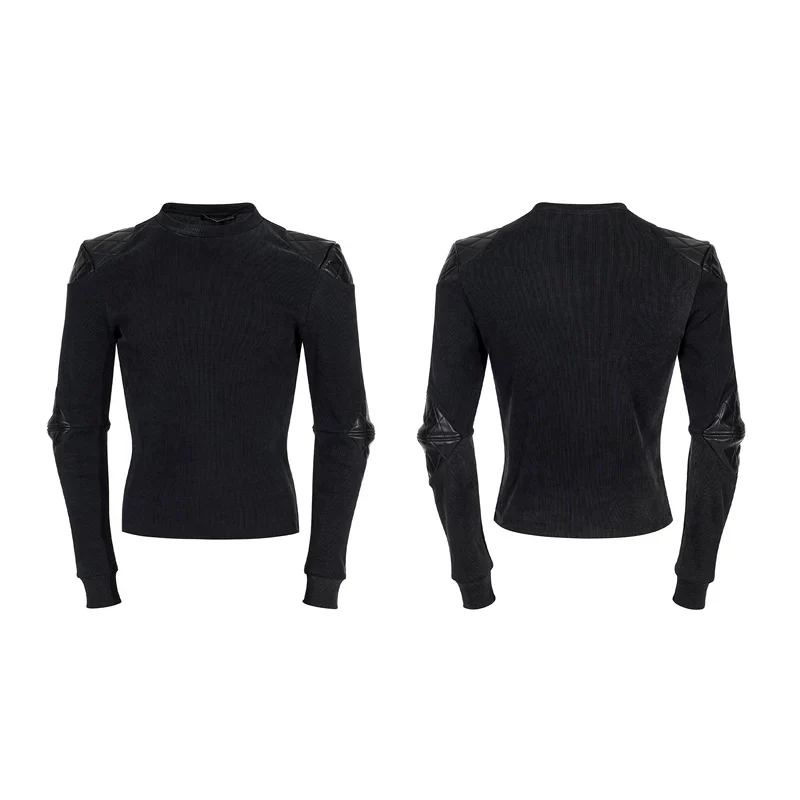 Leather Patchwork Long Sleeve Pullover - Image 8