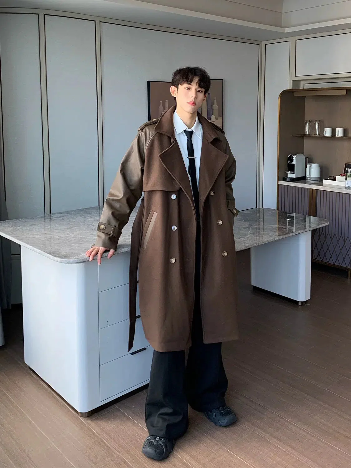 PU Leather Patchwork Wool Trench Coat - Image 6