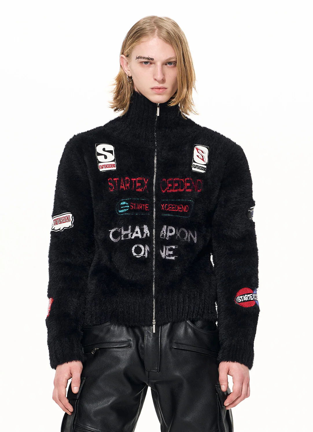 Racing Patch Fuzzy Zip Sweater