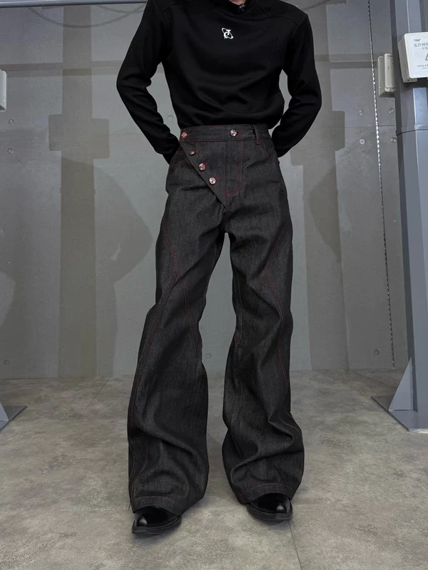 Side Vents Raw Denim Flared Pants - Image 2