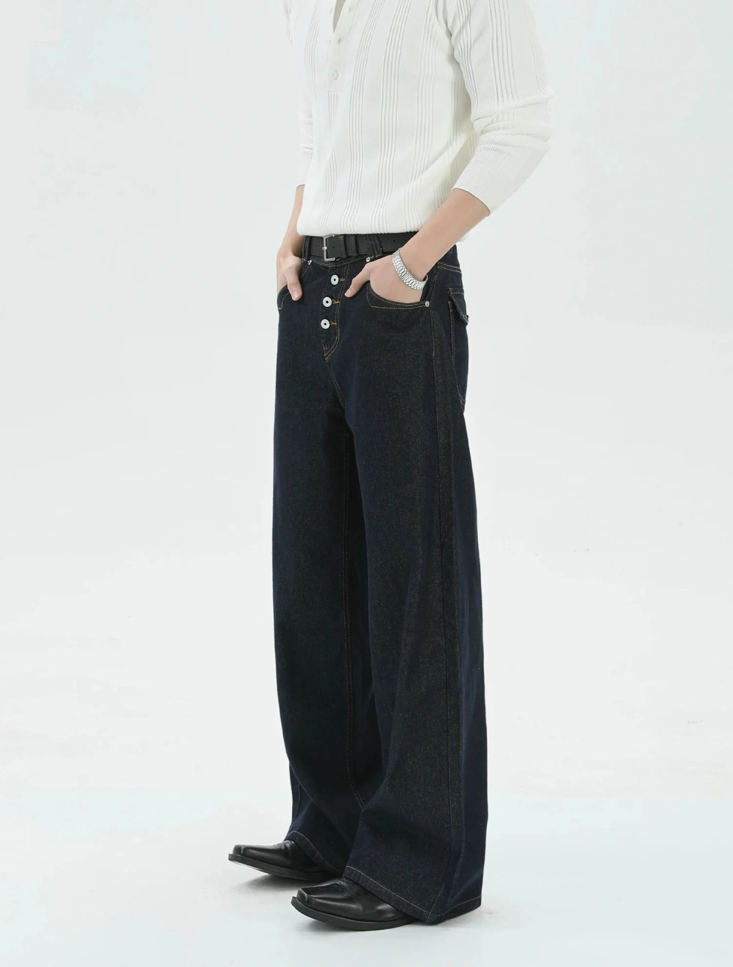 Raw Denim Wide Leg Button Fly Pants - Image 5