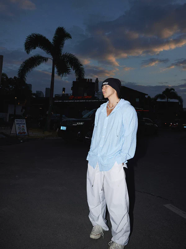 Relaxed Hooded Hollow Long Sleeve Shirt - Image 12
