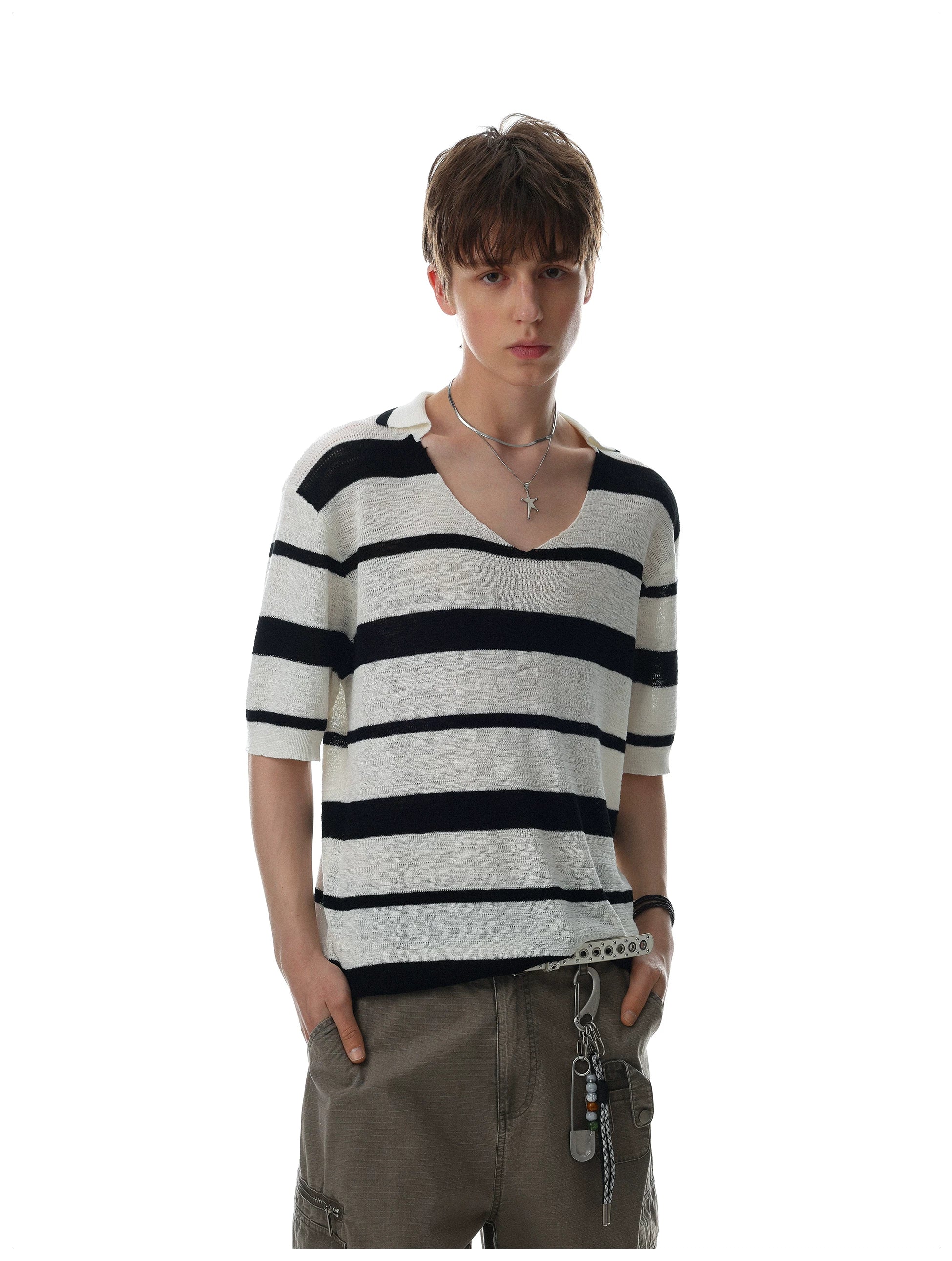 Relaxed Striped V-Neck Knit Sweater - Image 6