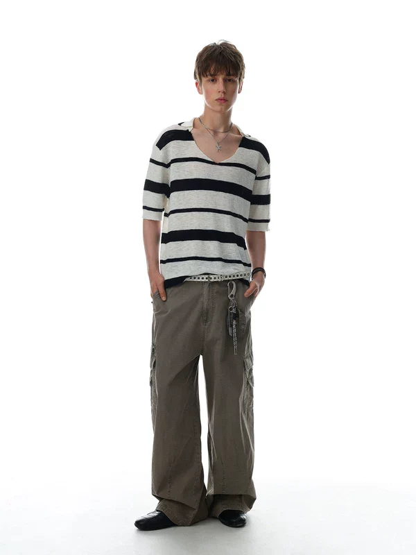 Relaxed Striped V-Neck Knit Sweater - Image 8