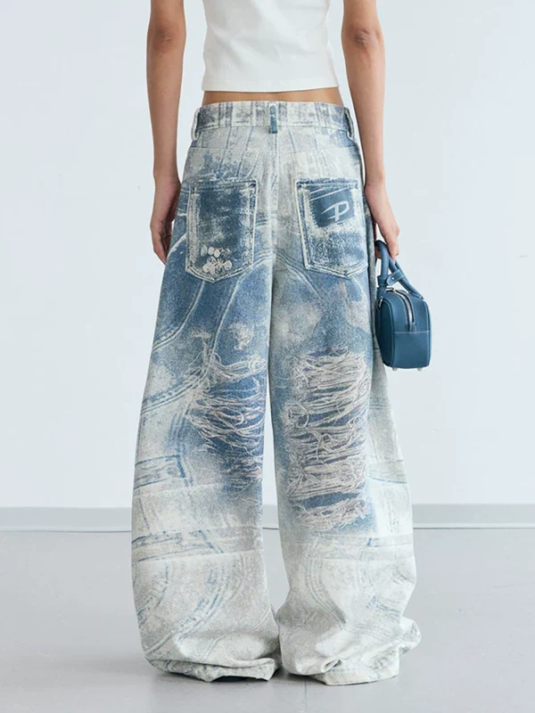 Retro 3D Print Baggy Wide-Leg Jeans - Image 2