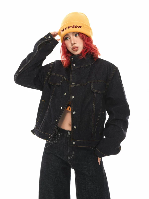 Retro Asymmetrical Collar Raw Denim Jacket - Image 3