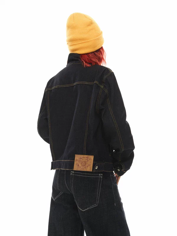 Retro Asymmetrical Collar Raw Denim Jacket - Image 4