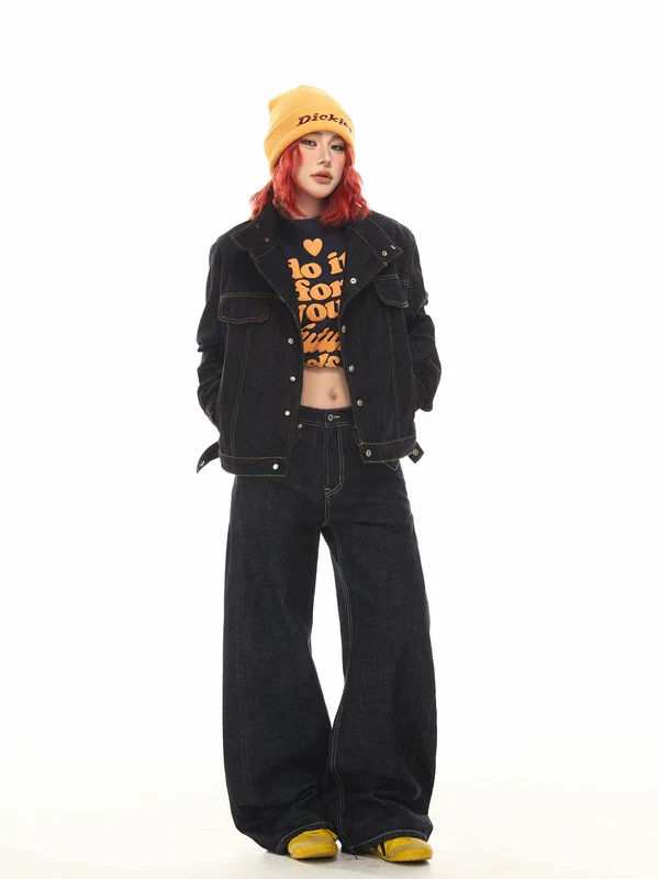 Retro Asymmetrical Collar Raw Denim Jacket - Image 5