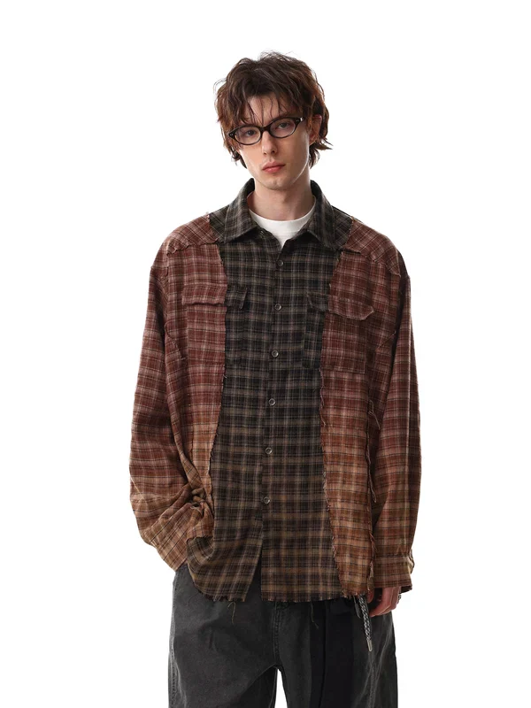 Retro Colorblock Plaid Loose Fit Shirt