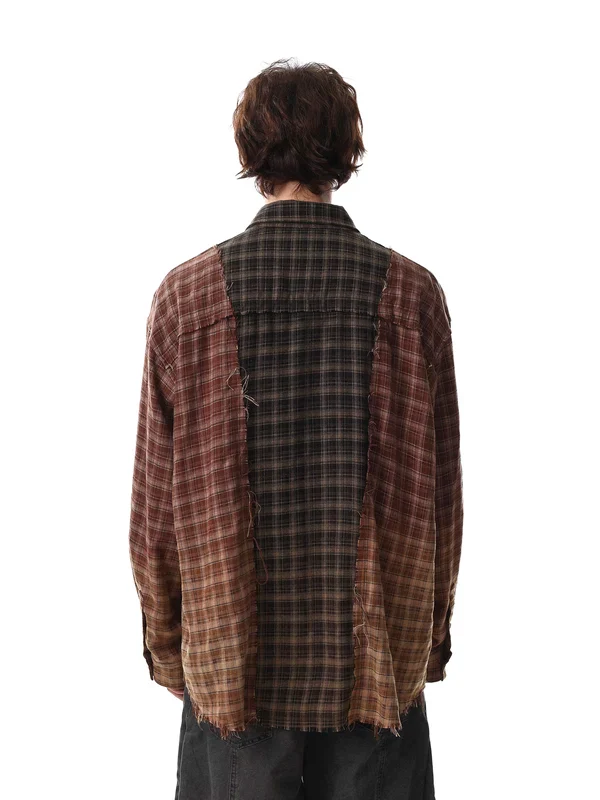 Retro Colorblock Plaid Loose Fit Shirt - Image 5
