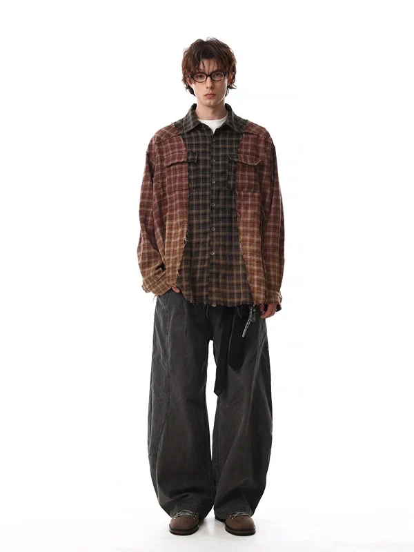 Retro Colorblock Plaid Loose Fit Shirt - Image 6