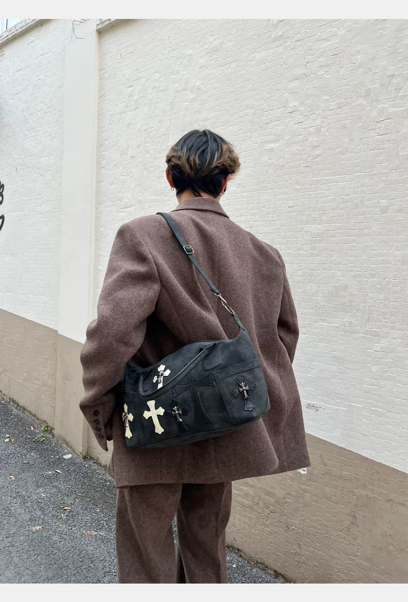 Retro Cross Appliqué Shoulder Tote Bag - Image 3