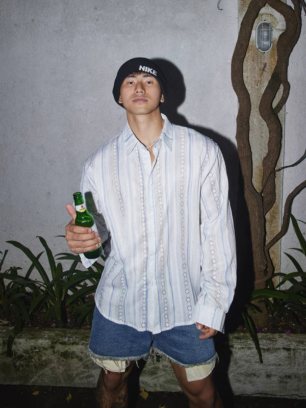 Diamond-Pattern Striped Long-Sleeve Shirt - Image 3