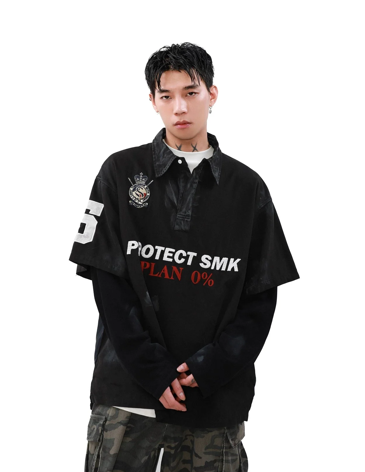 Distressed Faux Layered Rugby Shirt - Image 3