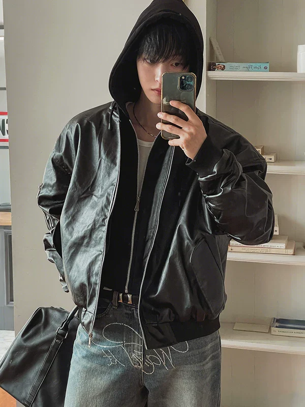 Retro Glossy Leather Bomber Jacket - Image 3