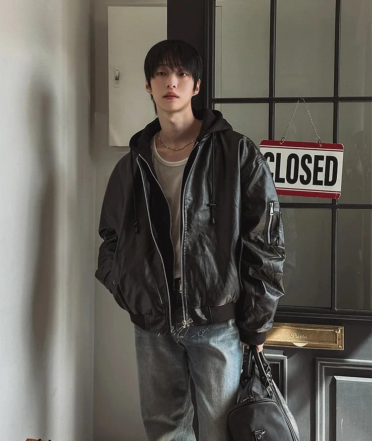Retro Glossy Leather Bomber Jacket - Image 5