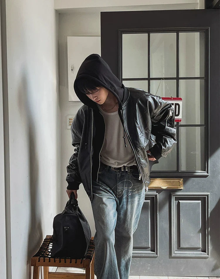 Retro Glossy Leather Bomber Jacket - Image 7