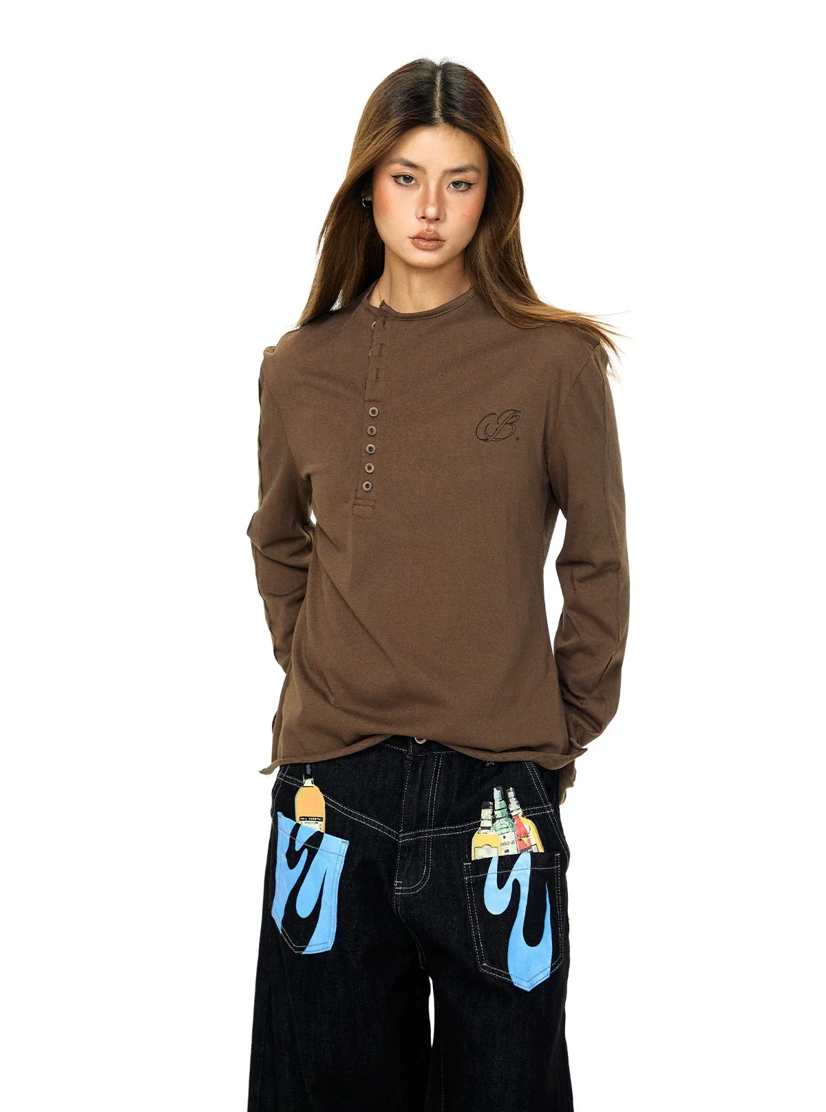 Retro Henley Collar Embroidered Top - Image 5