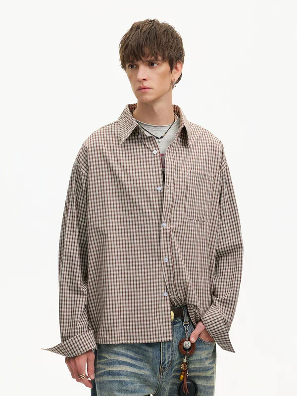 Retro Houndstooth Loose Long-Sleeve Shirt - Image 3
