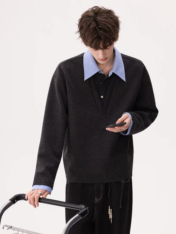 Retro Mixed Yarn Collared Sweatshirt - Image 4