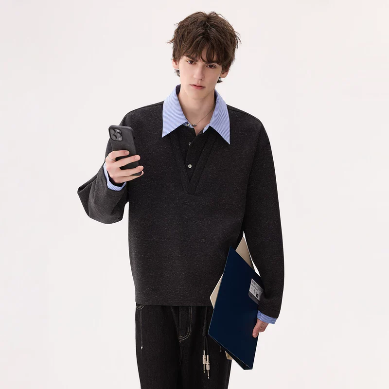 Retro Mixed Yarn Collared Sweatshirt - Image 6