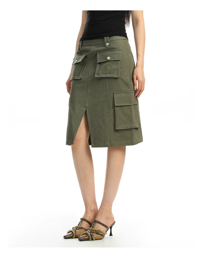 Multi-Pocket Workwear Midi Skirt