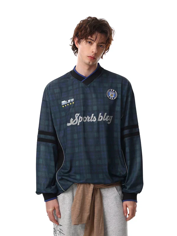 Retro Plaid Long-Sleeve V-Neck Sports Top - Image 2