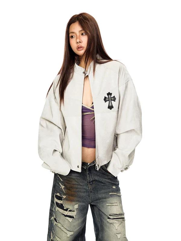 Retro Leather Cropped Motorcycle Jacket - Image 4