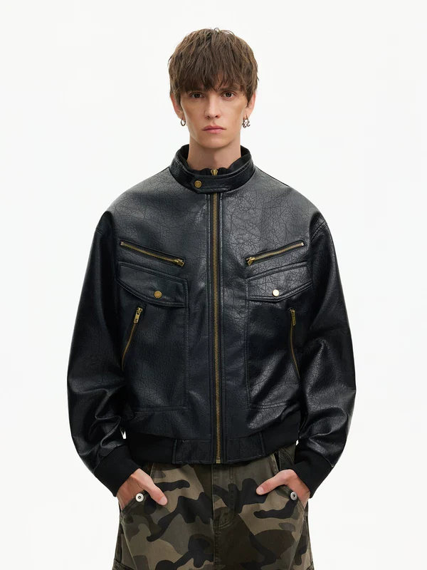 Retro Leather Motorcycle Jacket - Image 4
