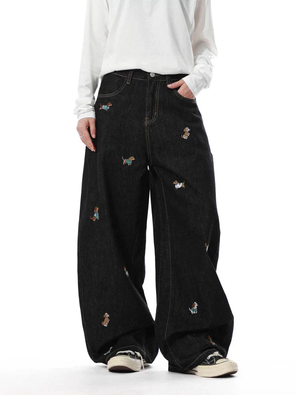 Puppy Embroidery Wide-Leg Pants - Image 2