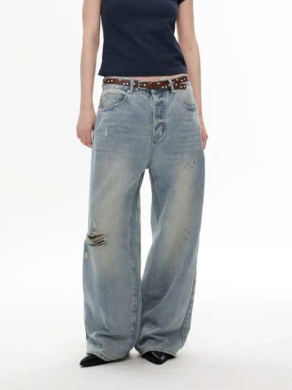Retro Ripped Loose Straight-Leg Jeans