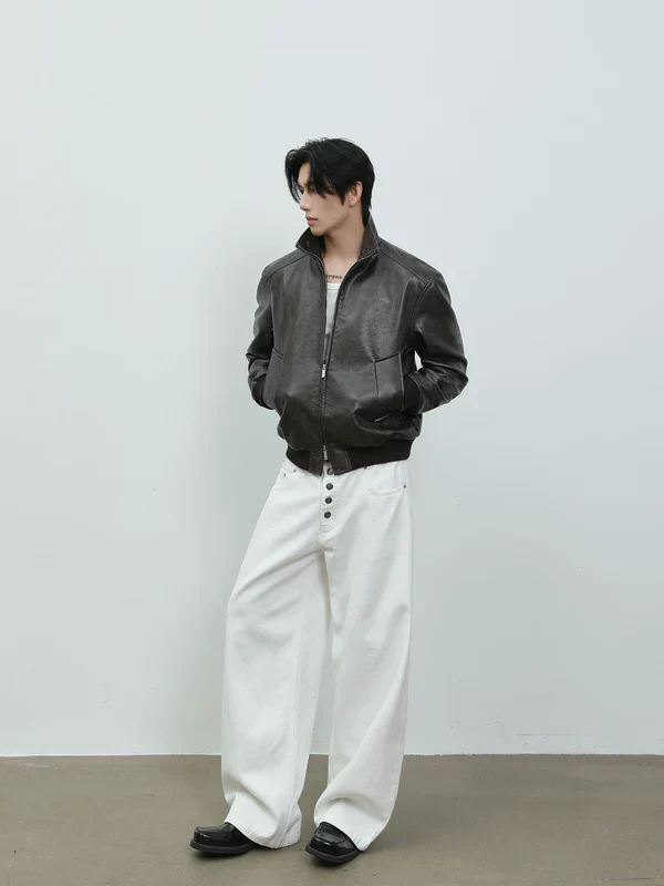Retro Stand Collar Leather Jacket - Image 7