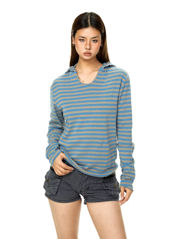 Retro Striped Hooded Pullover Sweatshirt - Image 2