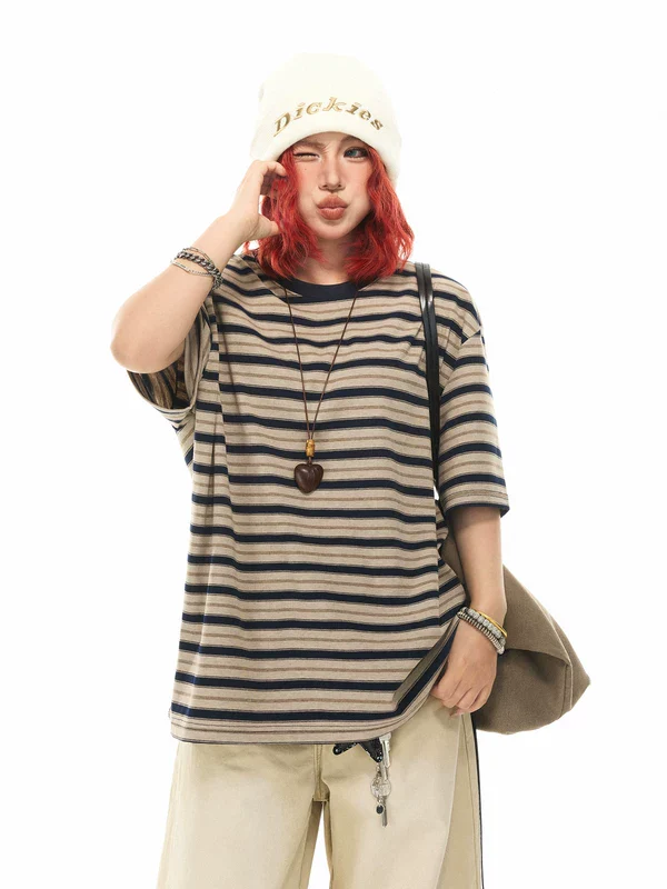 Retro Striped Short-Sleeve Loose T-Shirt - Image 2